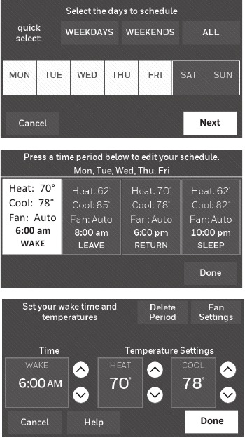 Honeywell - RTH9585WF1004 - Ajuste de horarios del programa Paso 2 Ajuste de horarios del programa Paso 2