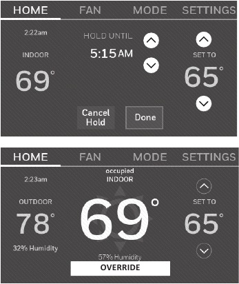 Honeywell - RTH9585WF1004 - Anulación de horarios: uso comercial Anulación de horarios: uso comercial