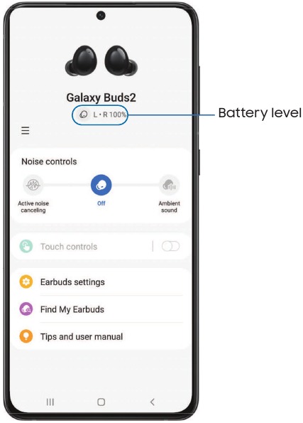 Samsung - Galaxy Buds2 - Nivel de batería - Aplicación Galaxy Wearable Nivel de batería - Aplicación Galaxy Wearable