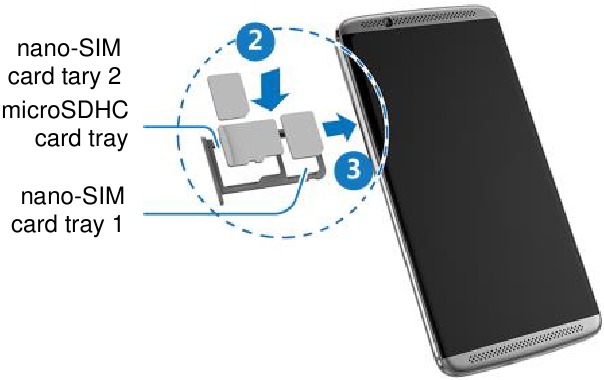 Zte - Axon 7 - Instalación de la(s) tarjeta(s) nano-SIM y la tarjeta microSDHC™ Paso 2 Instalación de la(s) tarjeta(s) nano-SIM y la tarjeta microSDHC™ Paso 2