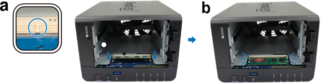 Synology - NAS DS220+ - Paso 2 para instalar el módulo de memoria Paso 2 para instalar el módulo de memoria