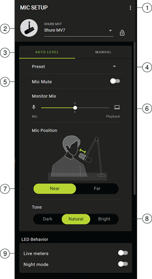 Shure - MV7 - Configuración del micrófono: Nivel automático Configuración del micrófono: Nivel automático