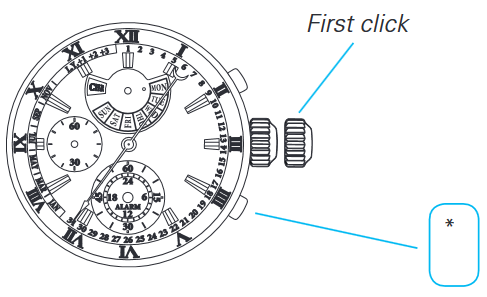 Seiko - 7T86 - Cómo ajustar el calendario Extraer hasta el primer clic - Paso 1 Cómo ajustar el calendario Extraer hasta el primer clic - Paso 1