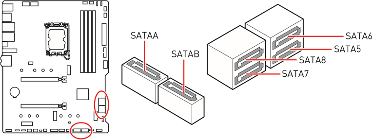 MSI - MAG B660 TOMAHAWK WIFI - SATA5~8 & SATAA~B: Conectores SATA de 6Gb/s SATA5~8 & SATAA~B: Conectores SATA de 6Gb/s