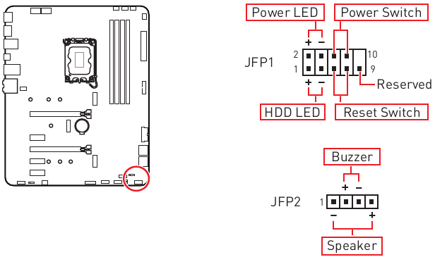 MSI - Z790-S01 - Descripción general de los conectores del panel frontal Descripción general de los conectores del panel frontal