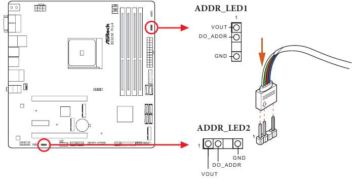 ASROCK - B550M Pro4 - Conexión de la tira LED RGB direccionable Conexión de la tira LED RGB direccionable