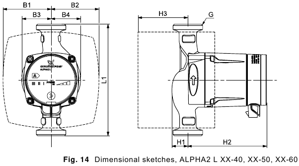 Grundfos - ALPHA2 L - Esquemas dimensionales, ALPHA2 L XX-40, XX-50, XX-60 Esquemas dimensionales, ALPHA2 L XX-40, XX-50, XX-60