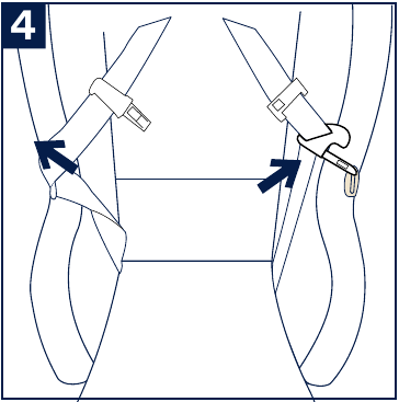 Nuna - Rava - Uso del arnés - Paso 4 - Uso de los soportes de la lengüeta de la hebilla Uso del arnés - Paso 4 - Uso de los soportes de la lengüeta de la hebilla