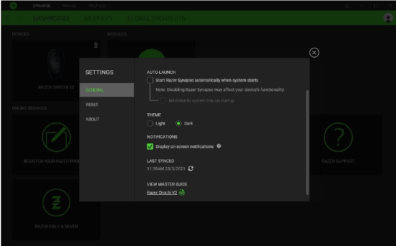 RAZER - OROCHI V2 - VENTANA DE AJUSTES VENTANA DE AJUSTES