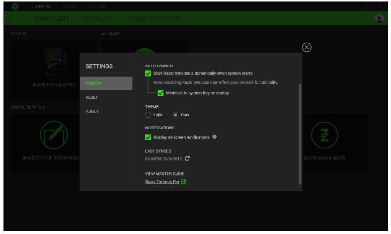 RAZER - TARTARUS PRO - Ventana de AJUSTES Ventana de AJUSTES