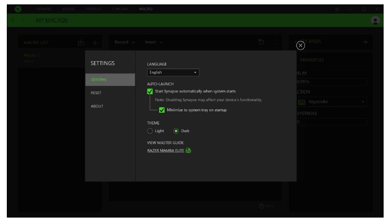 Razer - MAMBA ELITE - VENTANA DE AJUSTES VENTANA DE AJUSTES