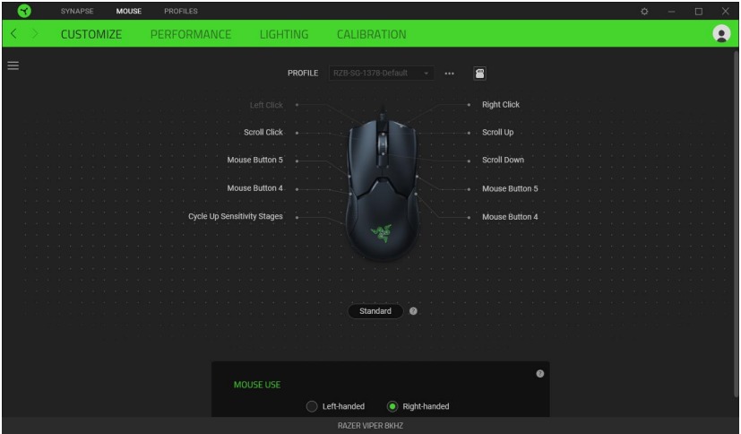 RAZER - VIPER 8K HZ - CONFIGURACIÓN DEL DISPOSITIVO - Subpestaña Personalizar CONFIGURACIÓN DEL DISPOSITIVO - Subpestaña Personalizar