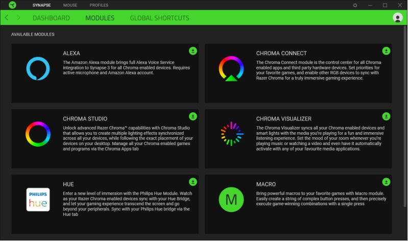 RAZER - VIPER 8K HZ - CONFIGURACIÓN DE TU DISPOSITIVO - Subpestaña Módulos CONFIGURACIÓN DE TU DISPOSITIVO - Subpestaña Módulos