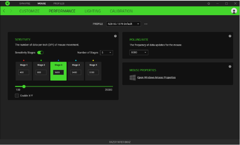 RAZER - VIPER 8K HZ - CONFIGURACIÓN DEL DISPOSITIVO - Subpestaña Rendimiento CONFIGURACIÓN DEL DISPOSITIVO - Subpestaña Rendimiento