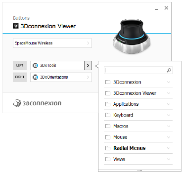 3DConnexion - SpaceMouse Wireless - Asignación de comandos mediante la ventana desplegable Asignación de comandos mediante la ventana desplegable