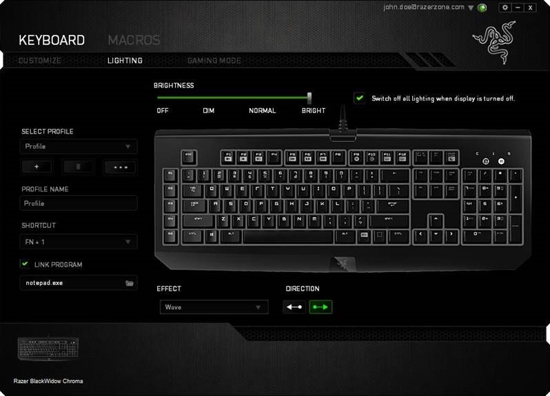 Razer - BLACKWIDOW CHROMA - Pestaña Iluminación Pestaña Iluminación
