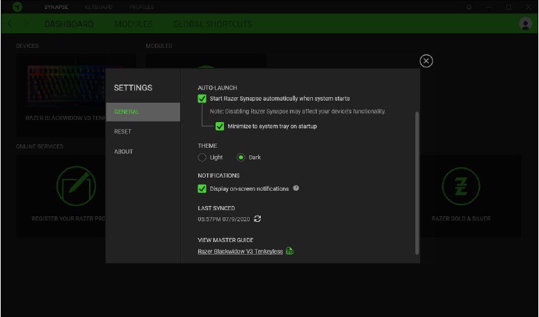RAZER - BLACKWIDOW V3 TENKEYLESS - CONFIGURACIÓN DE TU DISPOSITIVO - Ventana de ajustes CONFIGURACIÓN DE TU DISPOSITIVO - Ventana de ajustes