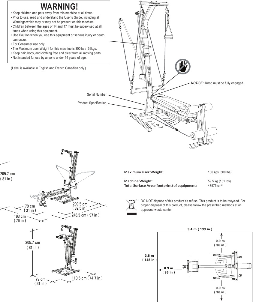Bowflex - PR1000 - Etiquetas de seguridad/Número de serie/Especificaciones Etiquetas de seguridad/Número de serie/Especificaciones