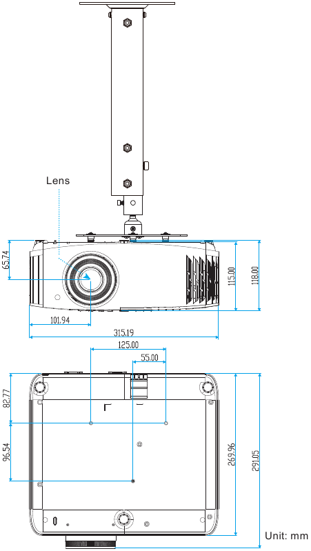 Optoma - UHD35 - Dimensiones del producto e instalación del montaje en techo Dimensiones del producto e instalación del montaje en techo