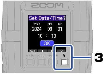 ZOOM - H2essential - Ajustes/primer encendido - Ajustes de fecha y hora - Paso 3 Ajustes/primer encendido - Ajustes de fecha y hora - Paso 3