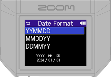 ZOOM - H6essential - Realización de ajustes/primer encendido - Ajuste del formato de fecha Realización de ajustes/primer encendido - Ajuste del formato de fecha