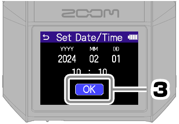 ZOOM - H6essential - Ajustes/primer encendido - Ajustes de fecha y hora - Paso 3 Ajustes/primer encendido - Ajustes de fecha y hora - Paso 3