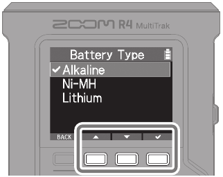 ZOOM - R4 - Ajuste del tipo de batería - Paso 1 Ajuste del tipo de batería - Paso 1