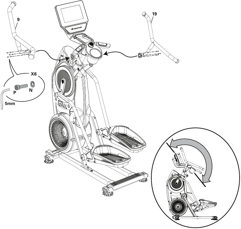 Bowflex - Max Trainer M9 - Montaje - Paso 11 - Fijar los manillares superiores Montaje - Paso 11 - Fijar los manillares superiores