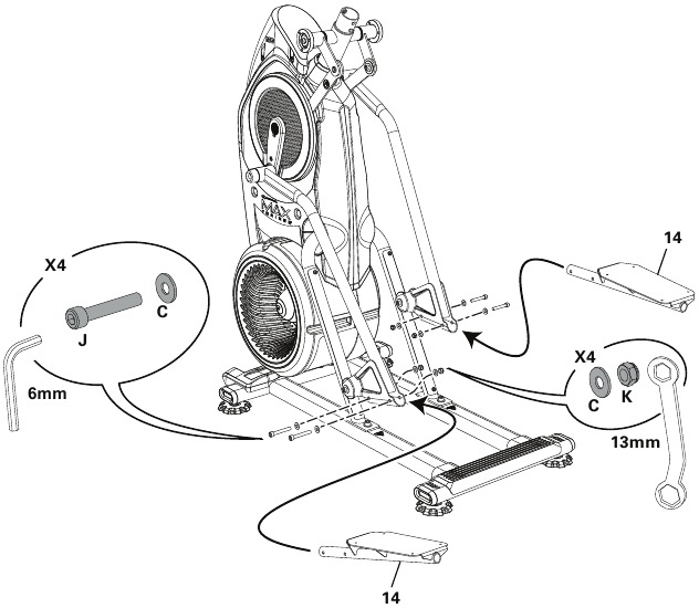 Bowflex - Max Trainer M9 - Montaje - Paso 7 - Fijar los pedales Montaje - Paso 7 - Fijar los pedales