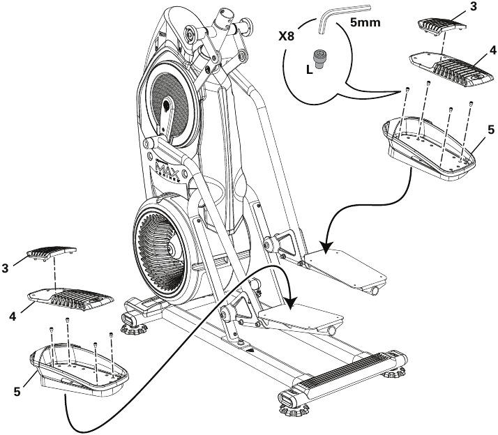 Bowflex - Max Trainer M9 - Montaje - Paso 8 - Fijar las plataformas para los pies Montaje - Paso 8 - Fijar las plataformas para los pies
