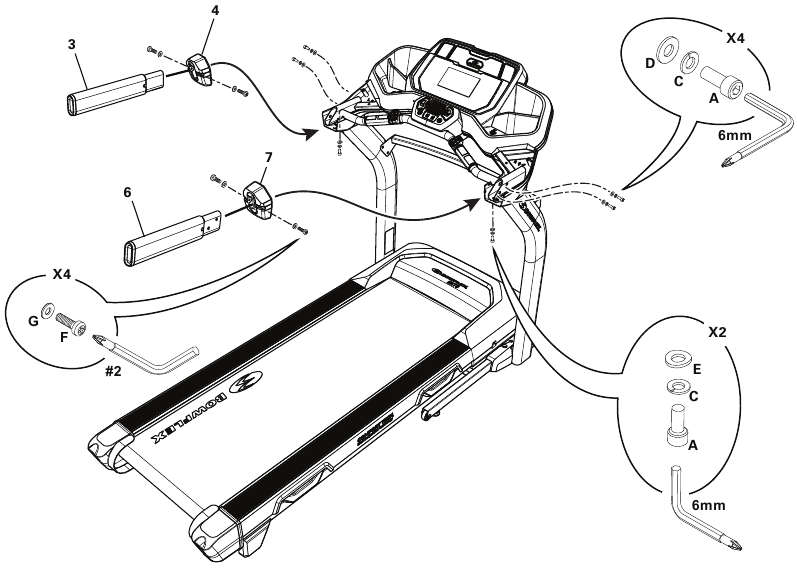 Bowflex - BXT6 - Montaje - Paso 9 - Fijar los manillares laterales Montaje - Paso 9 - Fijar los manillares laterales
