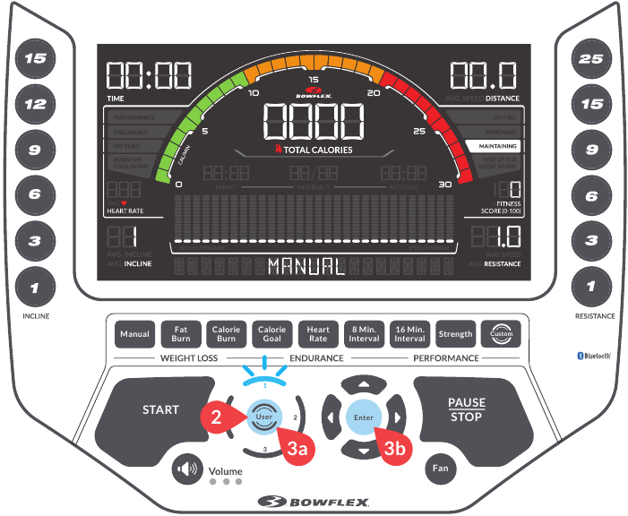 Bowflex - BXE226 - Empieza tu entrenamiento - Paso 2 - Pulsa el botón User Empieza tu entrenamiento - Paso 2 - Pulsa el botón User