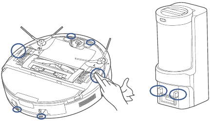 Eureka - NER E10s - Mantenimiento: limpieza de los sensores y los contactos de carga Mantenimiento: limpieza de los sensores y los contactos de carga