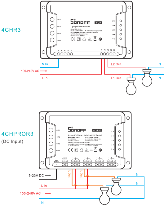 Sonoff - 4CH - Instrucciones de funcionamiento - Instrucciones de cableado - Método 1 Instrucciones de funcionamiento - Instrucciones de cableado - Método 1