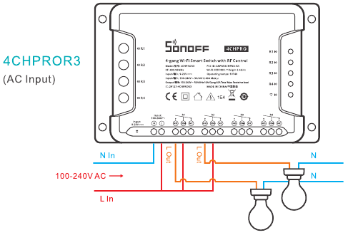 Sonoff - 4CH - Instrucciones de funcionamiento - Instrucciones de cableado - Método 2 Instrucciones de funcionamiento - Instrucciones de cableado - Método 2