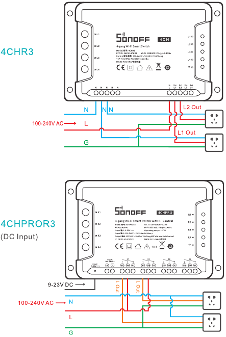 Sonoff - 4CH - Instrucciones de funcionamiento - Instrucciones de cableado - Método 3 Instrucciones de funcionamiento - Instrucciones de cableado - Método 3