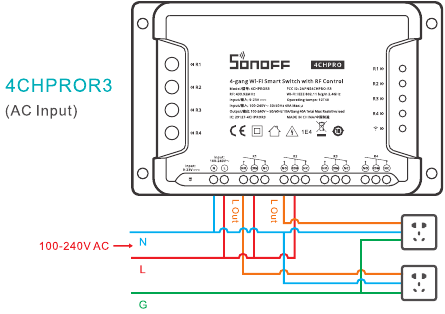 Sonoff - 4CH - Instrucciones de funcionamiento - Instrucciones de cableado - Método 4 Instrucciones de funcionamiento - Instrucciones de cableado - Método 4