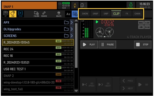 Behringer - WING RACK - Pantallas principales - Pantalla BIBLIOTECA Pantallas principales - Pantalla BIBLIOTECA