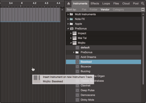 PreSonus - Studio 1810c - Arrastrar y soltar instrumentos virtuales - Paso 1 Arrastrar y soltar instrumentos virtuales - Paso 1