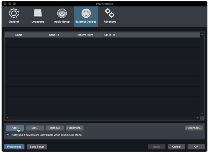 PreSonus - Studio 68c - Configuración de Studio One - Configuración de dispositivos MIDI: Paso 2 Configuración de Studio One: Configuración de dispositivos MIDI: Paso 2
