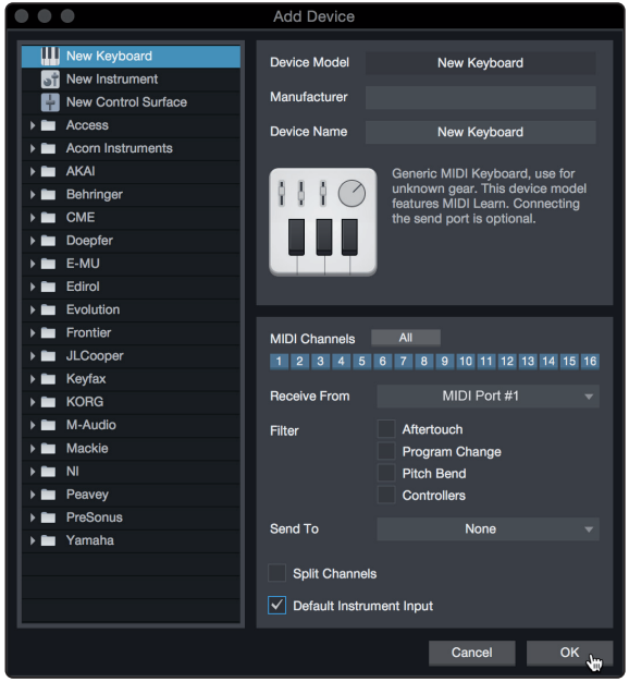 PreSonus - Studio 68c - Configuración de Studio One - Configuración de dispositivos MIDI: Paso 3 Configuración de Studio One: Configuración de dispositivos MIDI: Paso 3