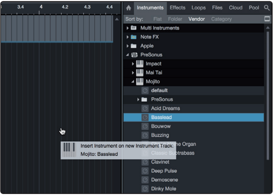 PreSonus - Studio 24c - Adding Virtual Instruments and Effects - Step 1 Adición de instrumentos virtuales y efectos - Paso 1