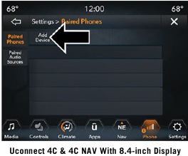 Iniciar el procedimiento de emparejamiento en la radio Uconnect 4C y 4C NAV con pantalla de 8,4 pulgadas