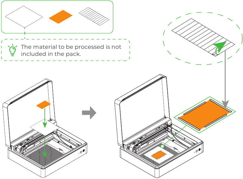 Xtool - M1 - Usar - Colocar el material que se va a procesar y el papel de aluminio Usar - Colocar el material que se va a procesar y el papel de aluminio