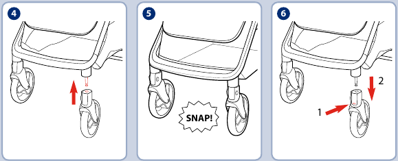 Graco - MYAVO - Montaje - Paso 2 - Para colocar y retirar las ruedas delanteras Montaje - Paso 2 - Para colocar y retirar las ruedas delanteras