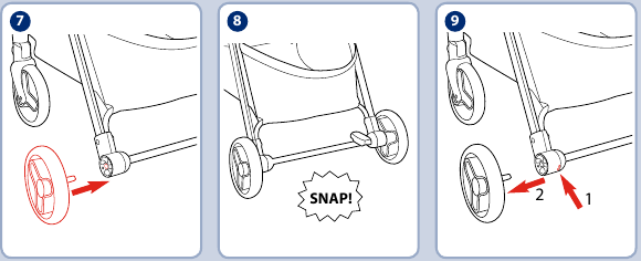 Graco - MYAVO - Montaje - Paso 3 - Para colocar y retirar las ruedas traseras Montaje - Paso 3 - Para colocar y retirar las ruedas traseras