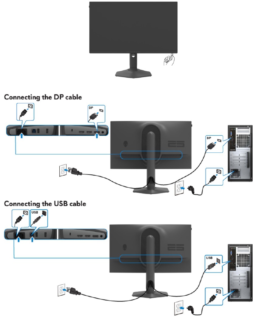 Alienware - AW2523HF - Conectar/desconectar el cable de alimentación/cable de conectividad Conectar/desconectar el cable de alimentación/cable de conectividad