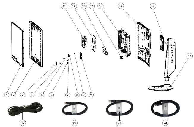Alienware - AW2523HF - Diagrama de vista explosionada con lista de elementos Diagrama de vista explosionada con lista de elementos