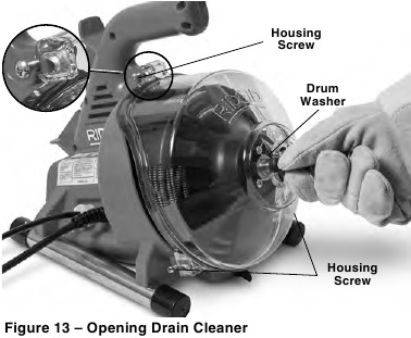 RIDGID - PowerClear - Mantenimiento - Paso 1 - Apertura del limpiador de desagües Mantenimiento - Paso 1 - Apertura del limpiador de desagües