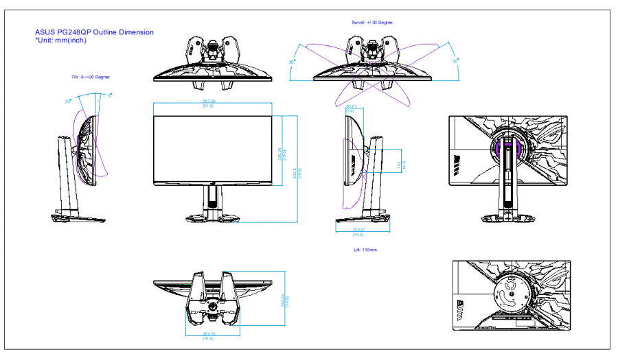 Asus - ROG Swift Pro PG248QP - Dimensiones del esquema Dimensiones del esquema